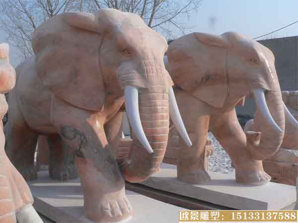 晚霞红石雕大象 动物大象 大象雕塑图片 大象雕塑价格