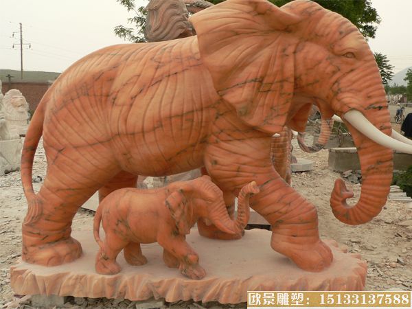 晚霞红母子大象雕塑 动物石雕大象 母爱大象雕塑制作厂家